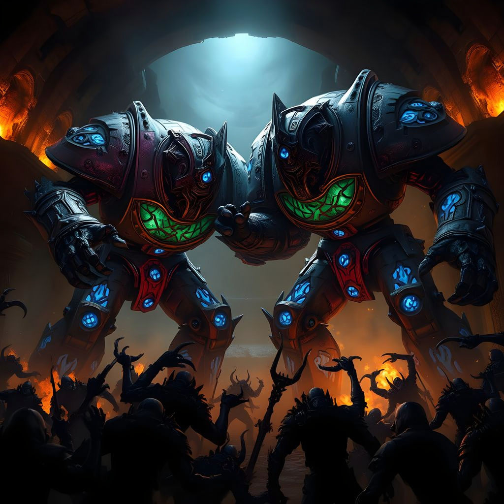 Hyperrealistic Dark Fantasy Golems Battle Deep Roads