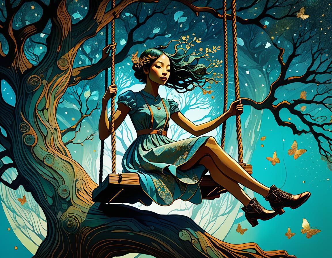 Double Exposure Collage: Girl on a Swing in Art Nouveau Styl...