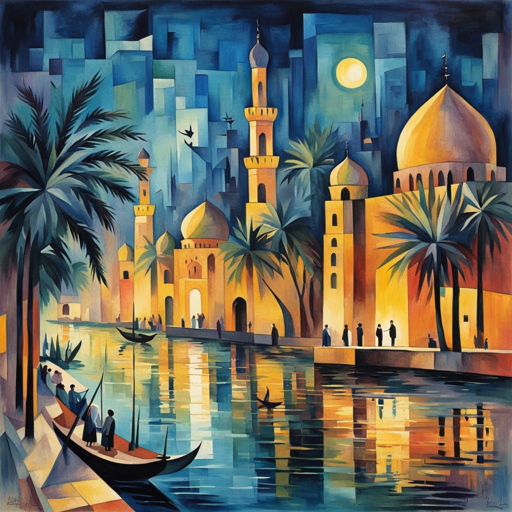 Dreamy Baghdad Riverside Scene in Vibrant Watercolor