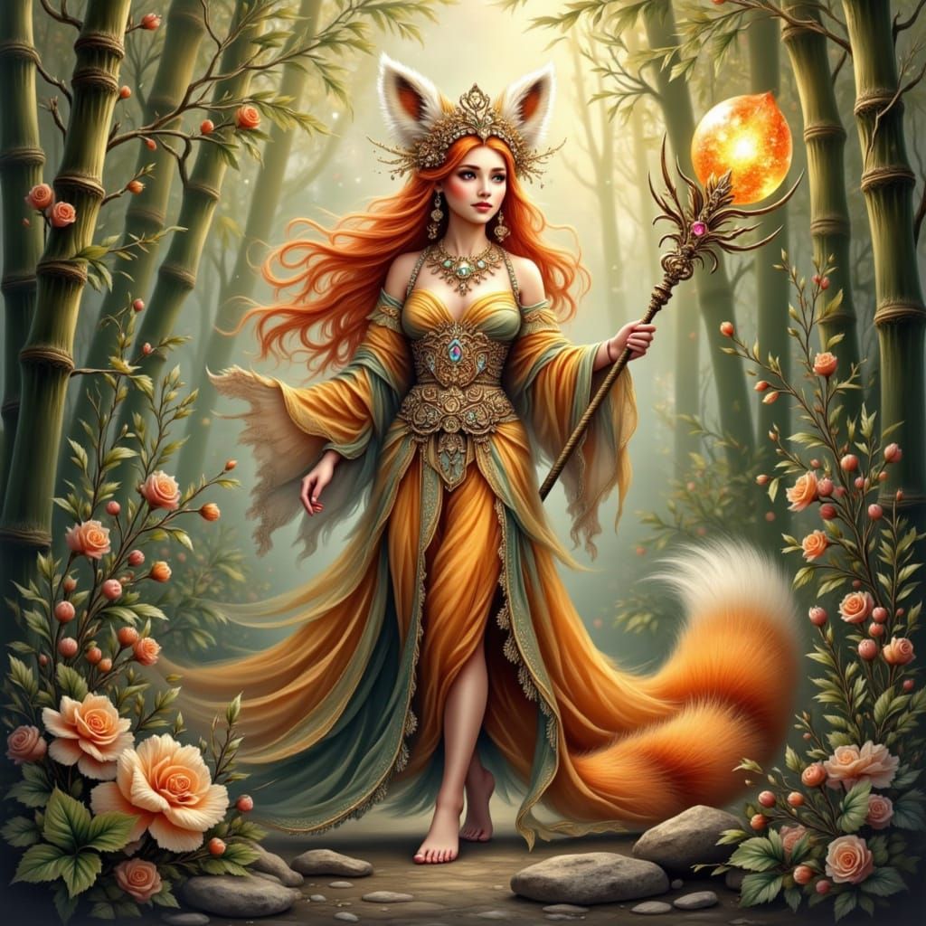 Red Panda Druid in Bamboo Forest with Sunstone Headdress