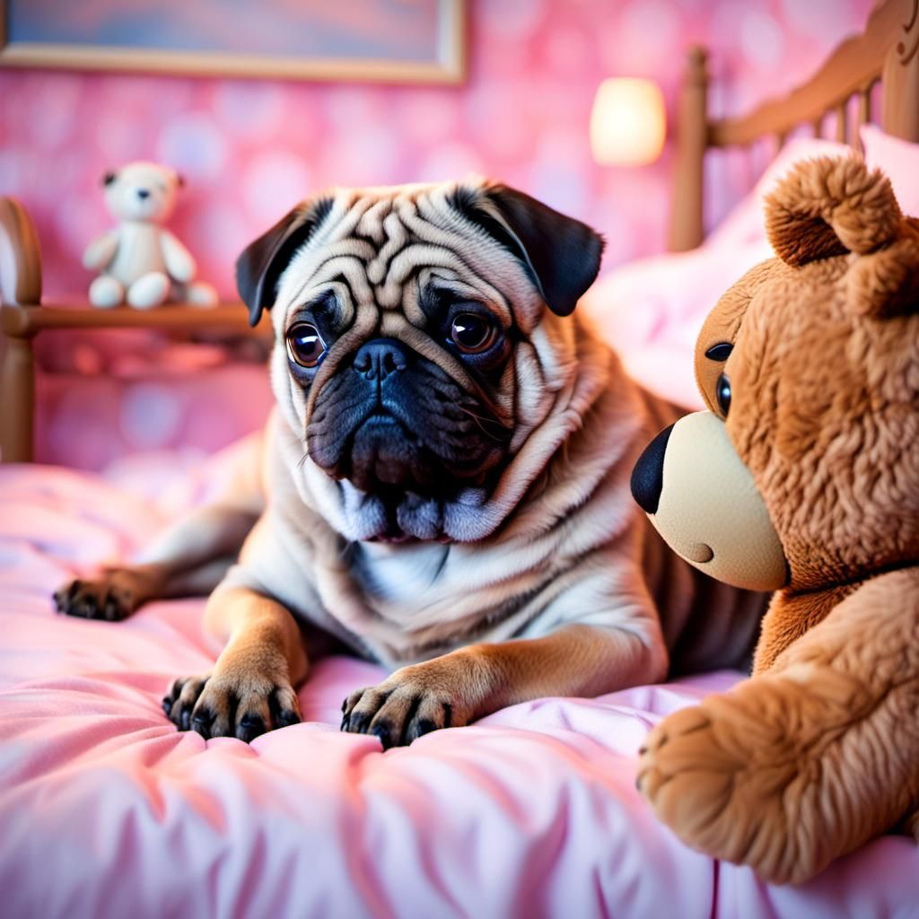 Pug and Teddy Bear Portrait in Oil Painting Style