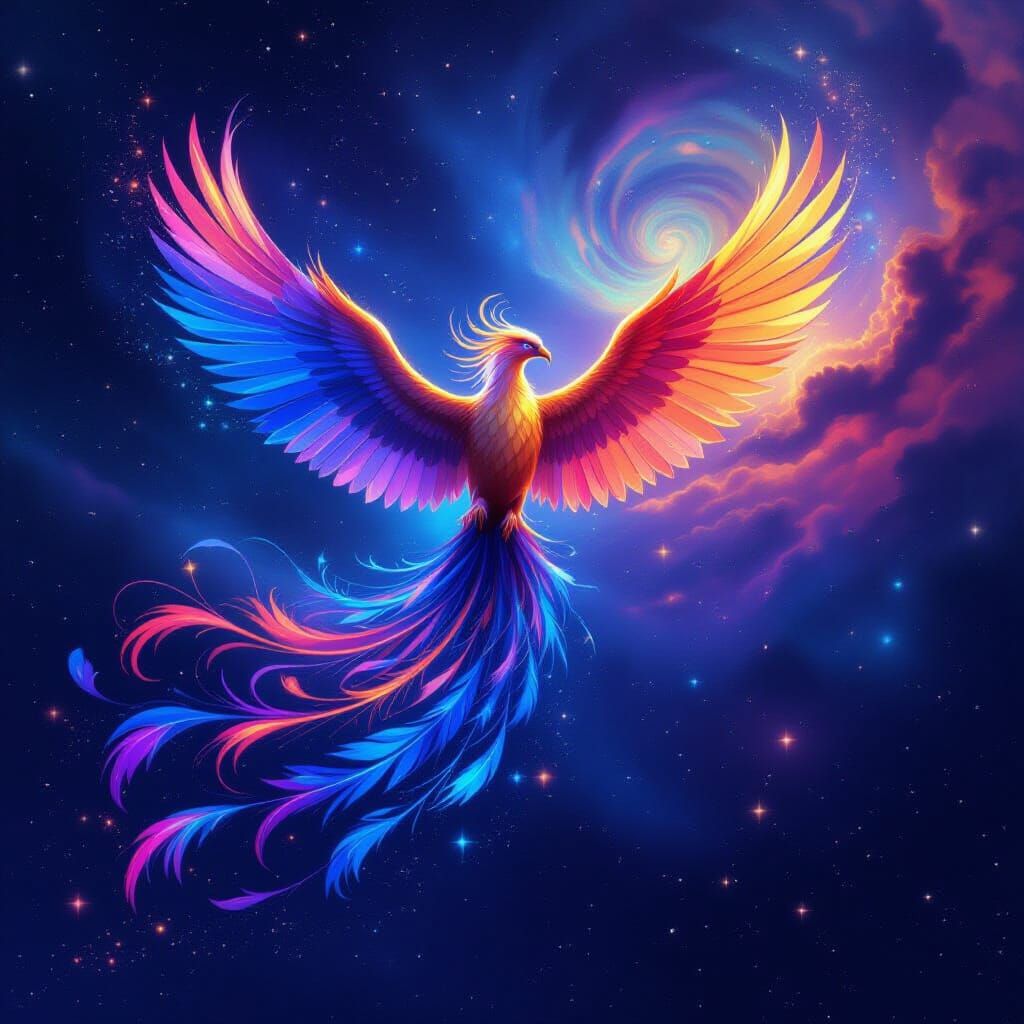 Majestic Phoenix Soaring Through Cosmic Nebula in Digital Pa...