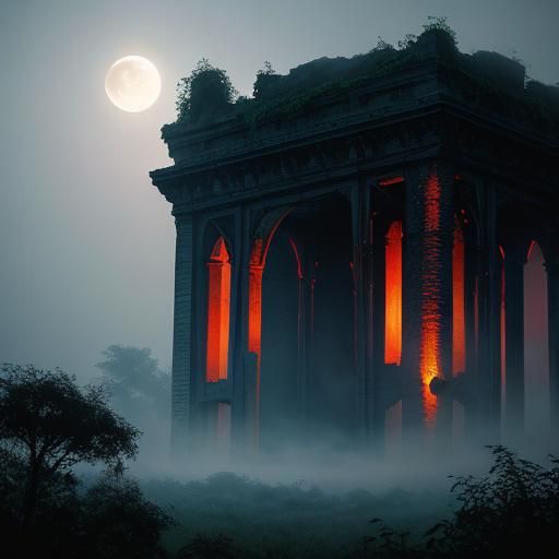 Moonlit Ruins with Roses in Mist