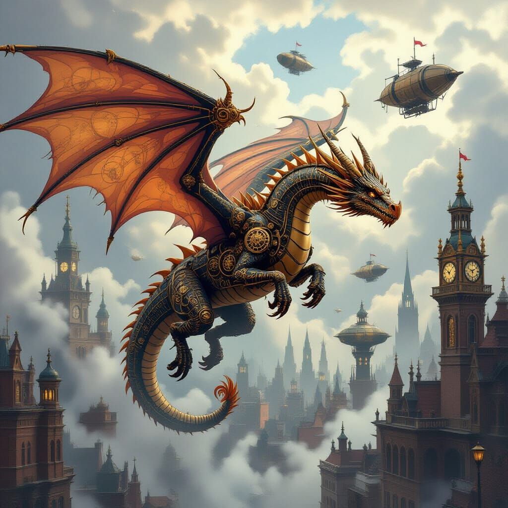 Steampunk Dragon Over Victorian City in Painterly Style