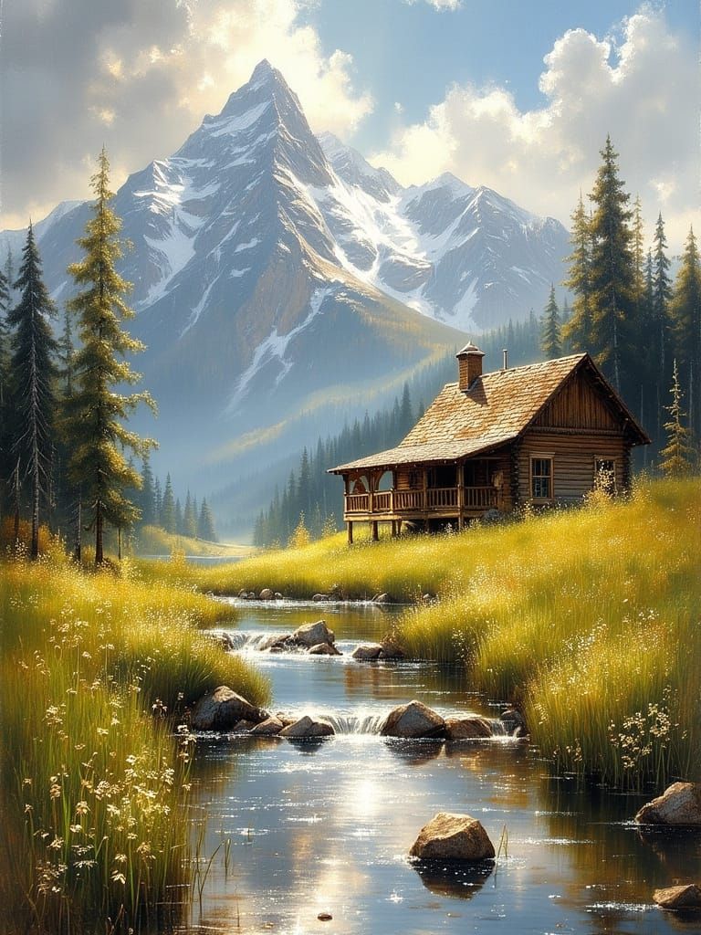 1800s Ranch House Landscape with Mountains and Stream