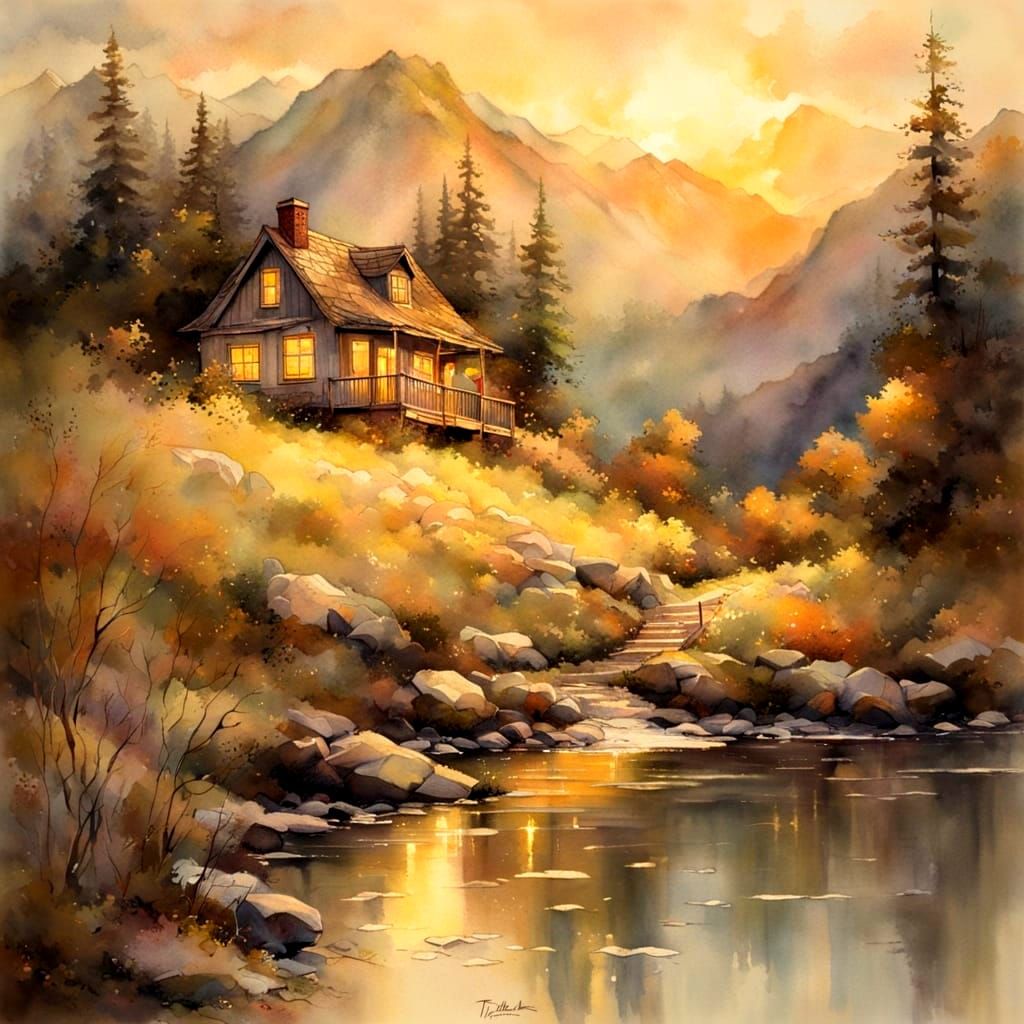 Serene Mountain Cottage in Warm Golden Light