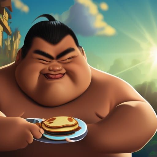 Sumo vampire, eating pancakes
