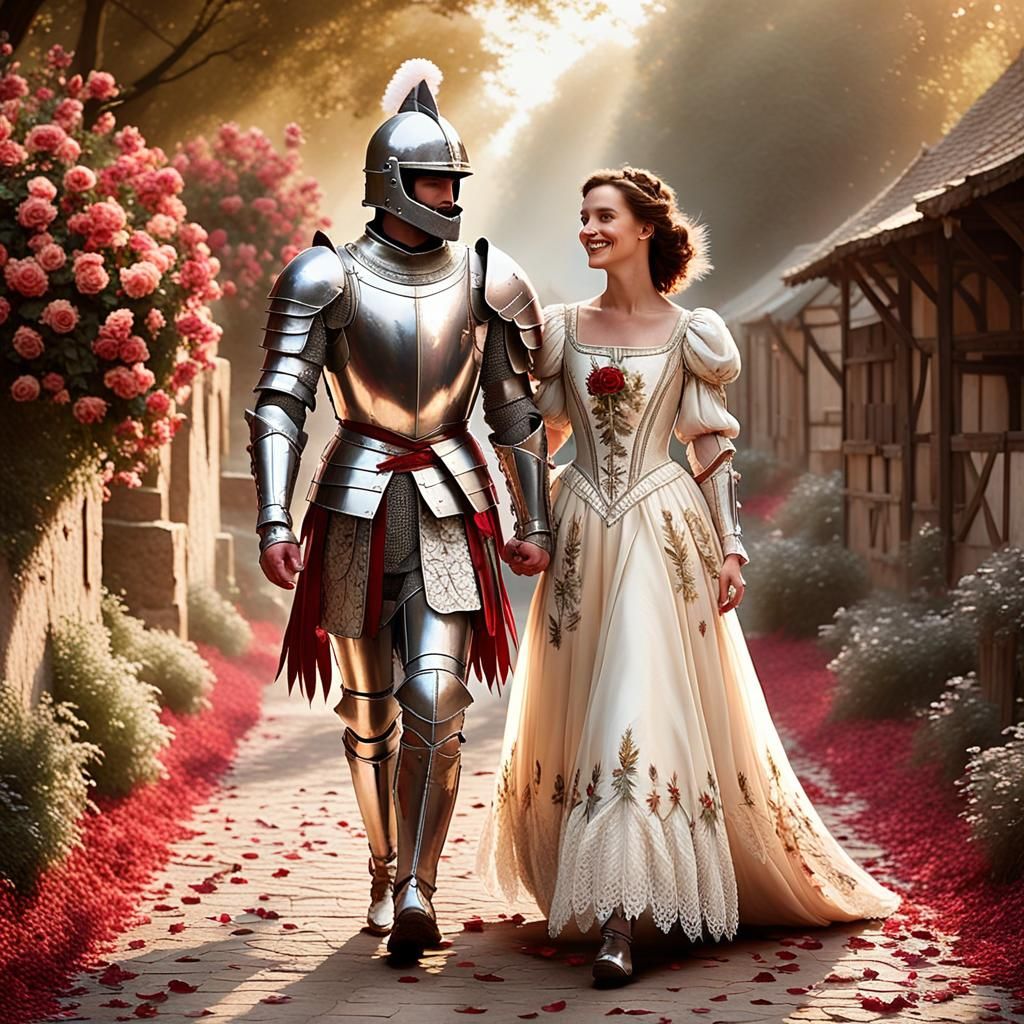 Medieval Knight and Lady in Bustling Camp Photograph