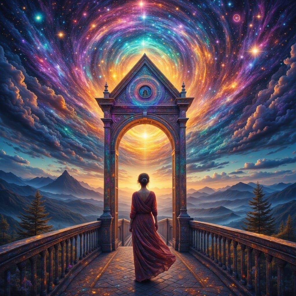 A woman on a path watching a cosmic portal form in the stellar skies