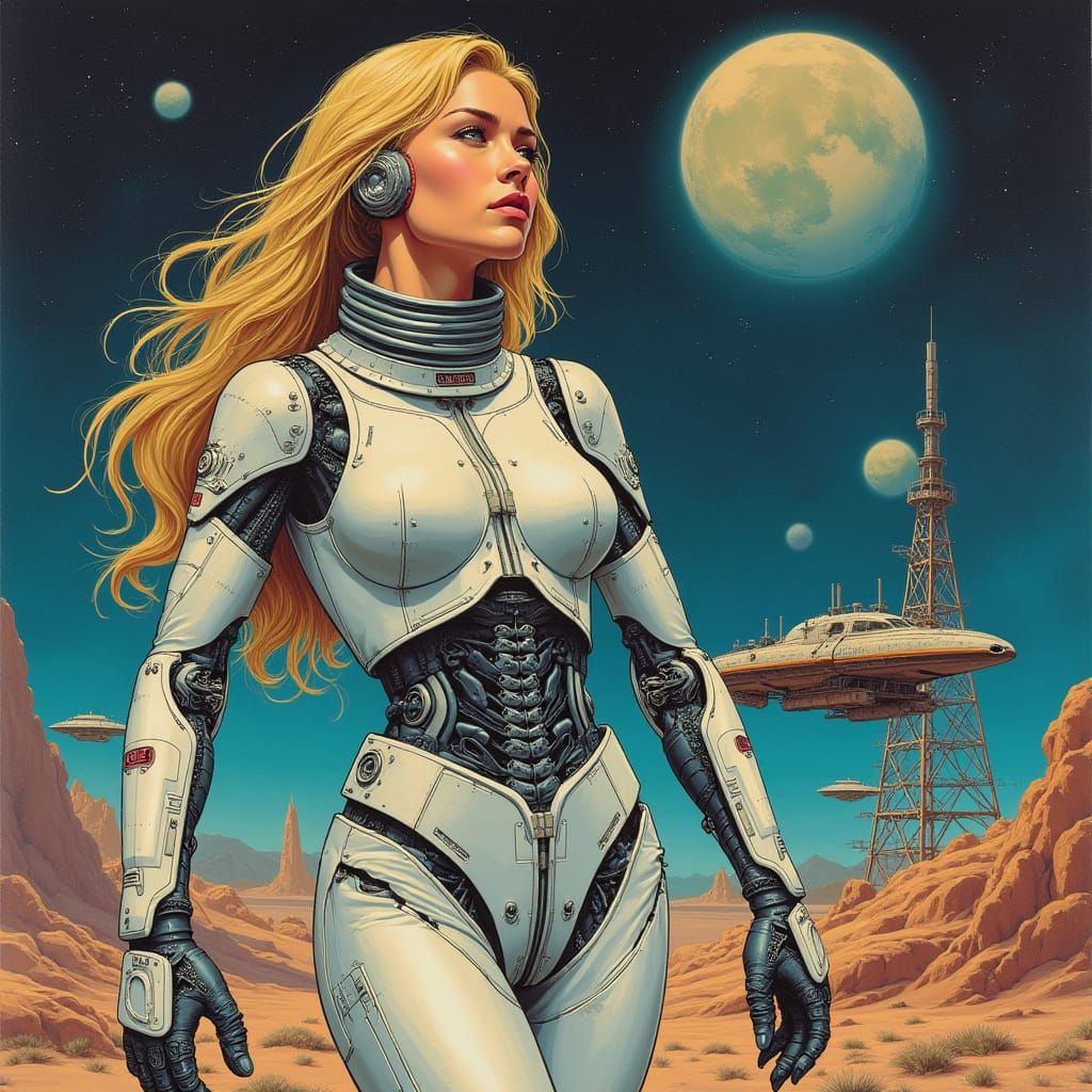 Blonde Astronaut with Cyborg Body in Sci-Fi Comic Style