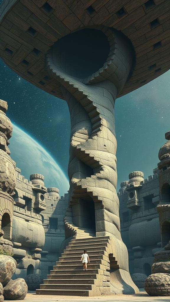 Surreal Statue in Space with Optical Illusion Stairs