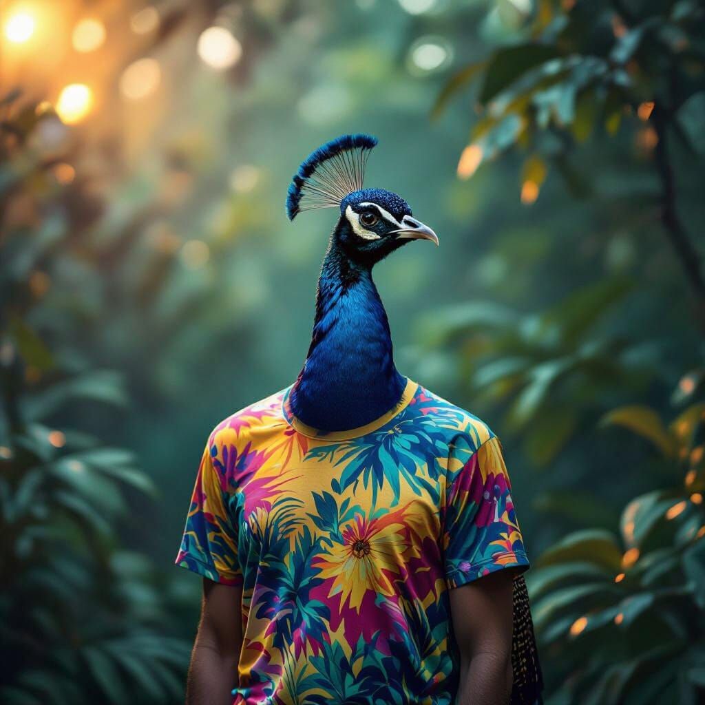 Peacock in T-Shirt: Cinematic Film Still