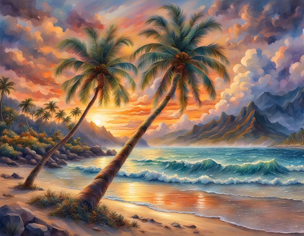 Christmas Palm Tree on Hawaii Beach, Watercolor Art