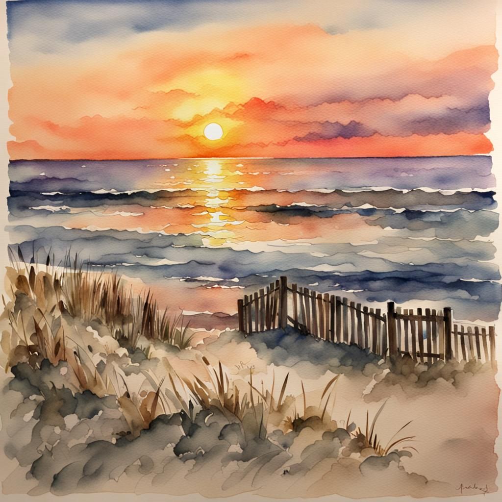 Watercolor Sunset on the Jersey Shore