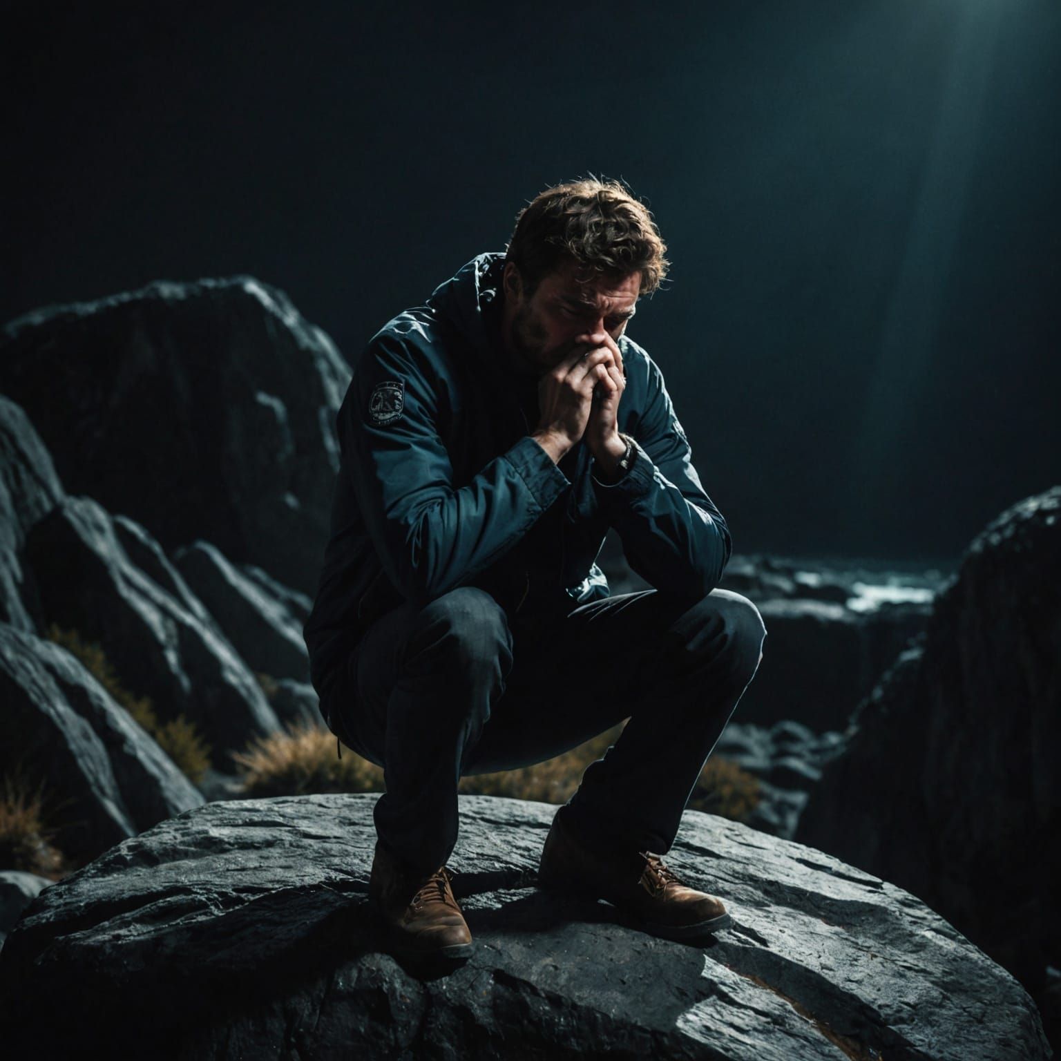 Crying Man in Darkness: Cinematic Film Still