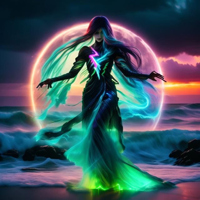 Iridescent Neon Ghostly Woman with Lightning