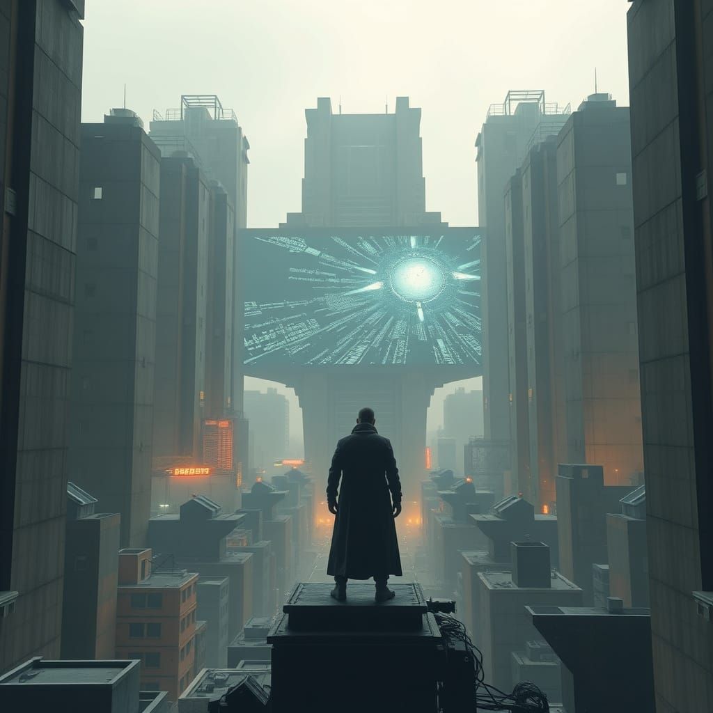 Dystopian Brutalist Cityscape with Encoded Imagery