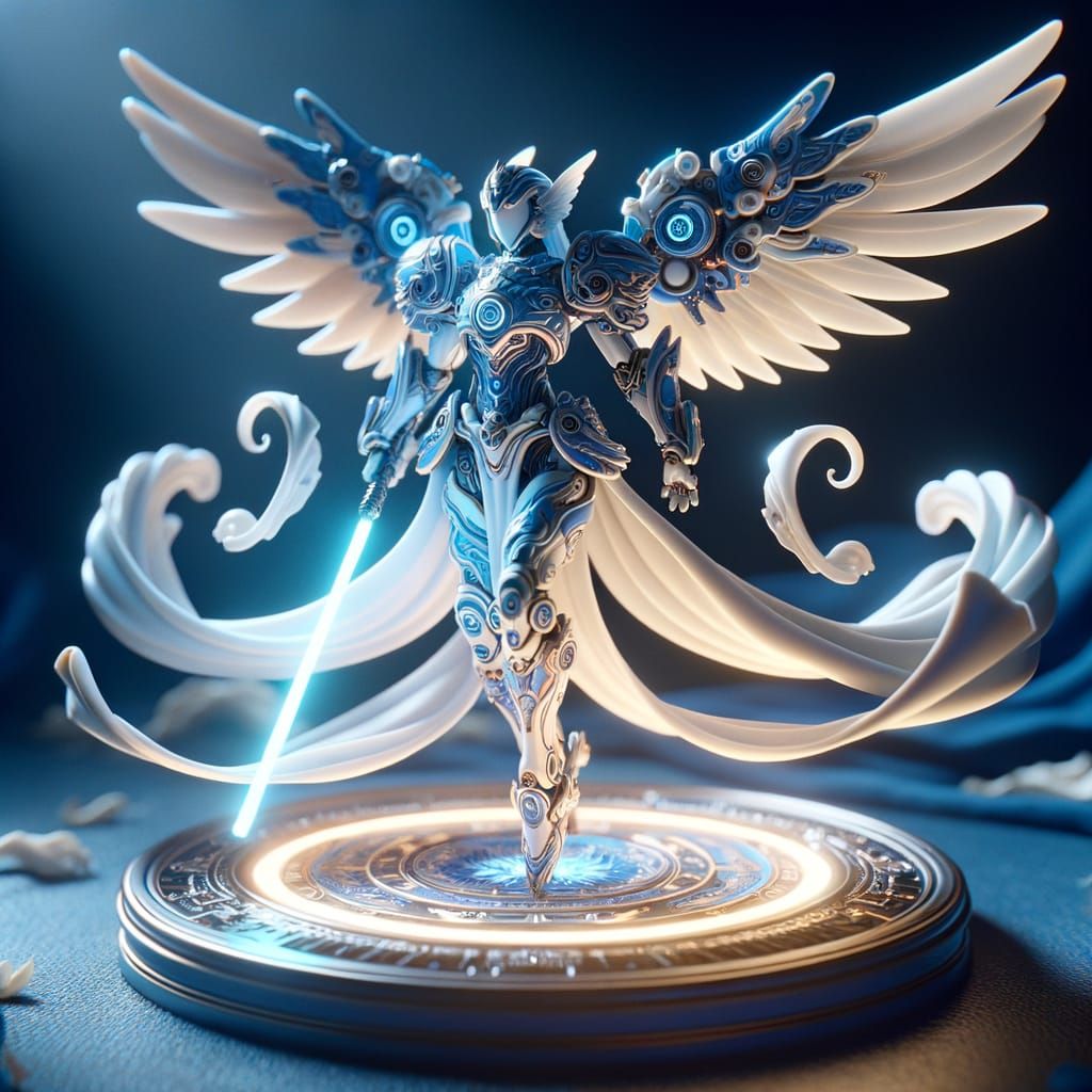 Heroic Blue and White Porcelain Angel with Cybernetic Wings ...
