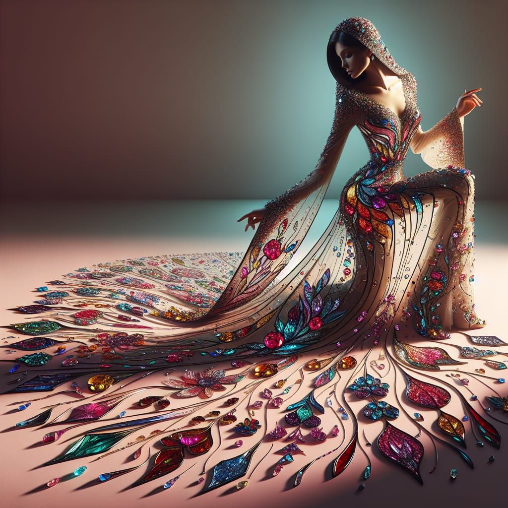 Elegant Middle Eastern Woman in Crystal and Stained Glass Dr...
