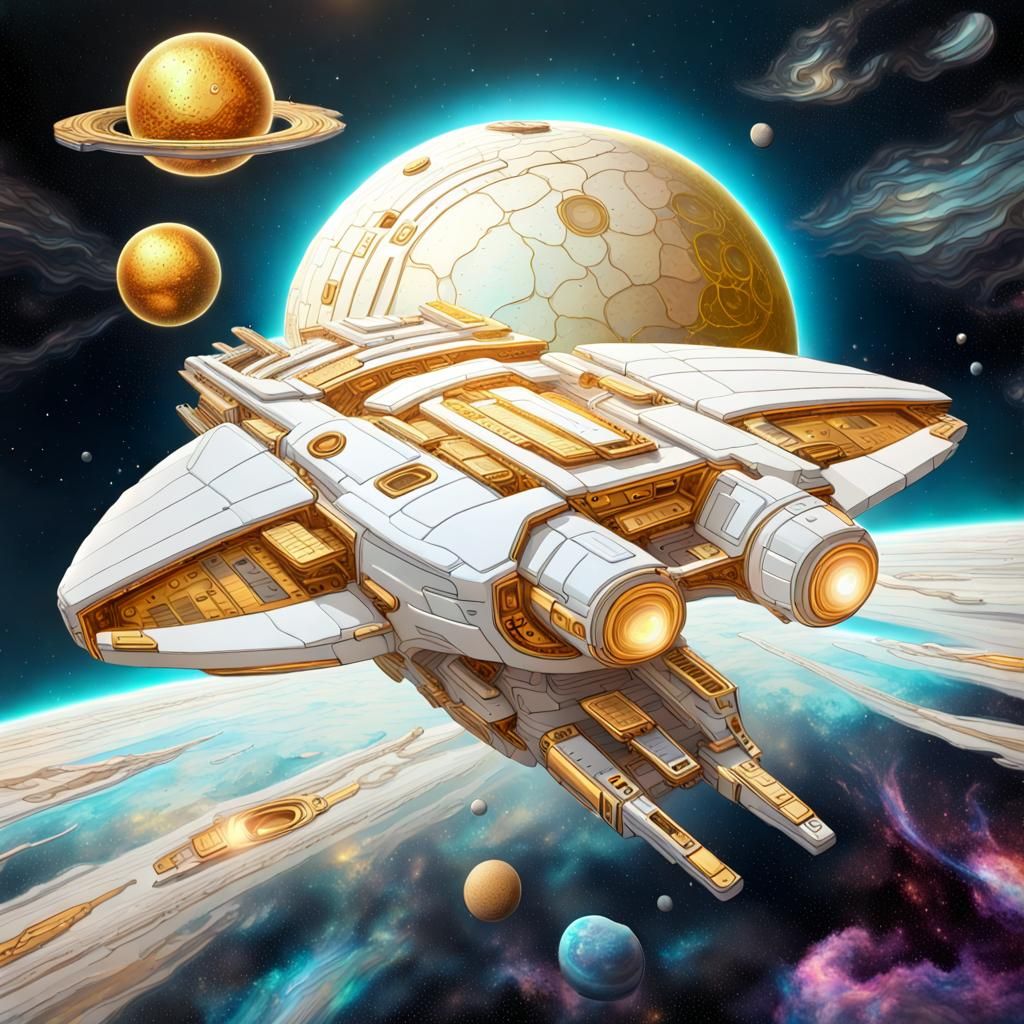 White and Gold Spaceship Orbiting Dead Planet