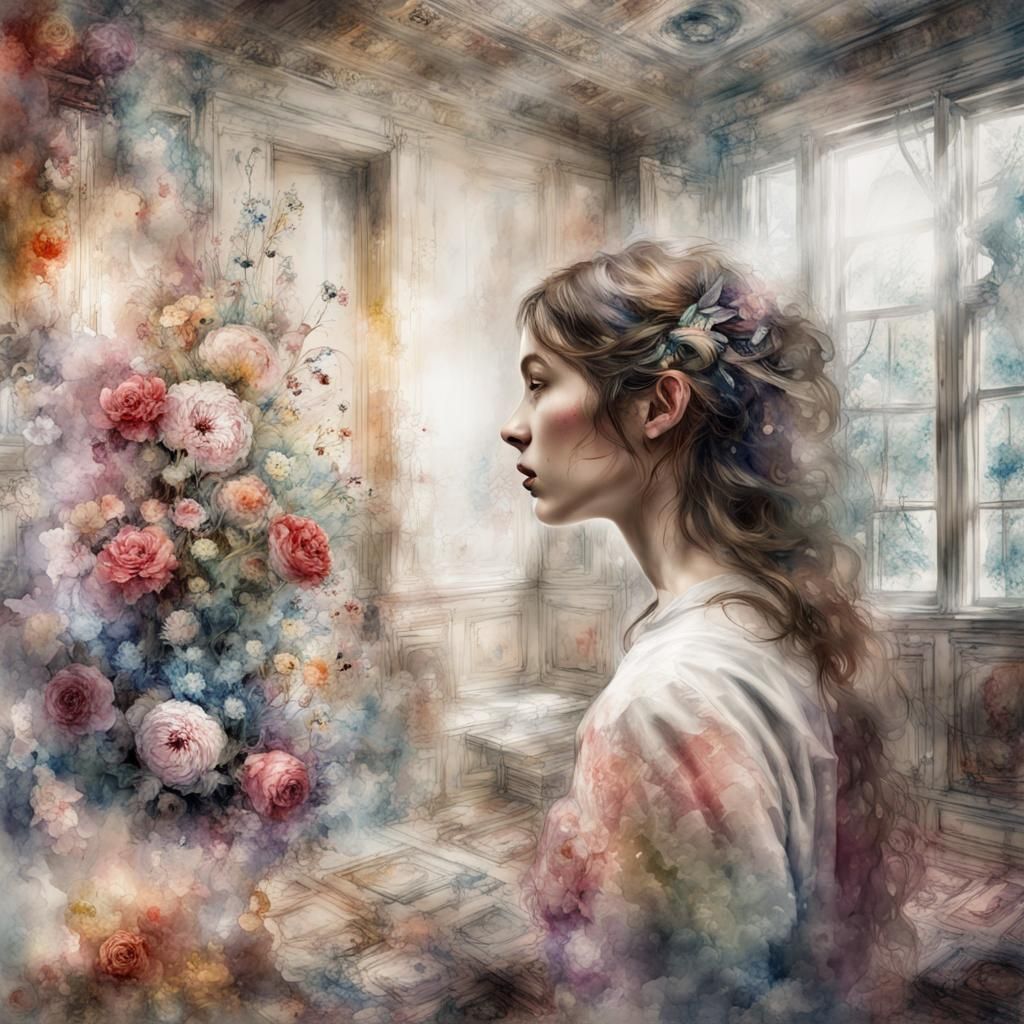 Watercolor Double Exposure Room with Floral Elements