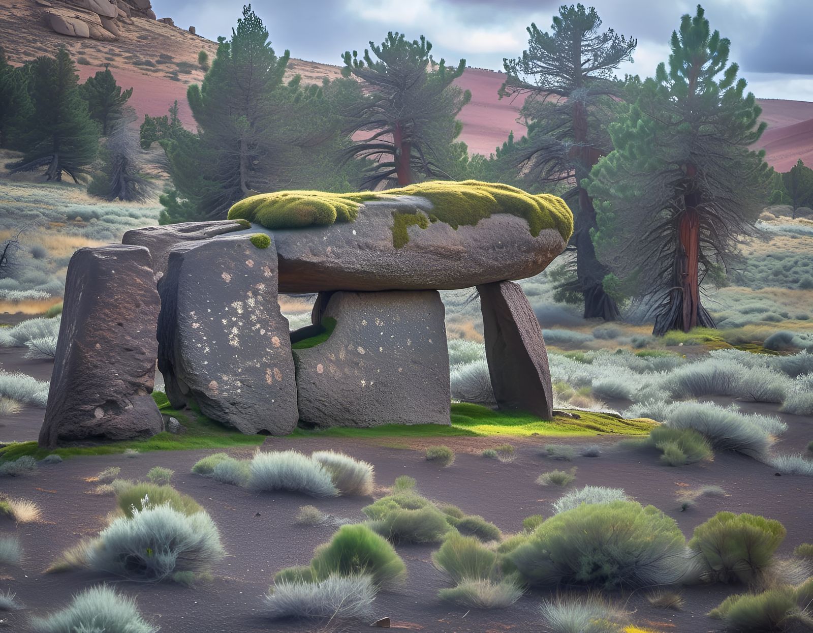 Mossy Dolmen in Oregon Desert: Hyperreal Photography