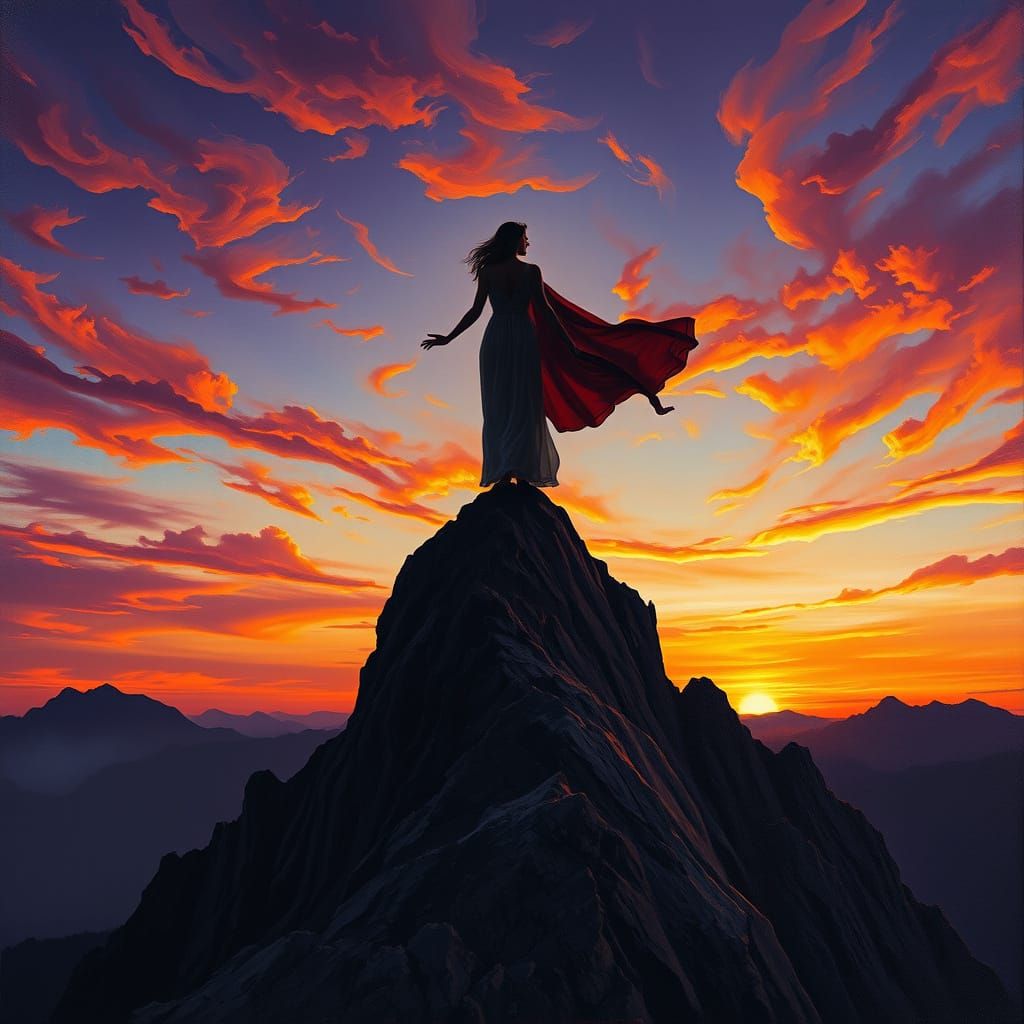 Woman Empowered on Mountain Peak at Sunset