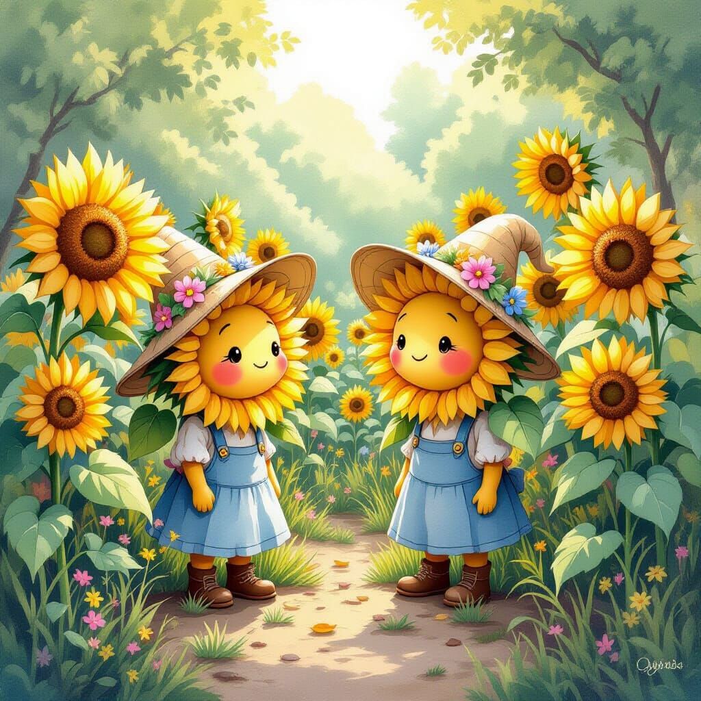 Whimsical Cartoon Sunflowers in a Watercolor Garden