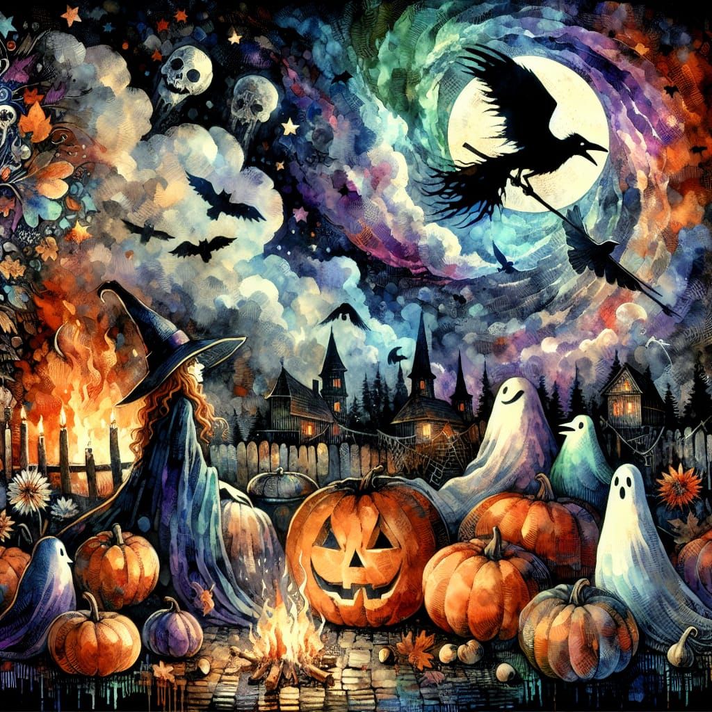 Halloween Night: Witches, Ghosts, and Pumpkins in Watercolor