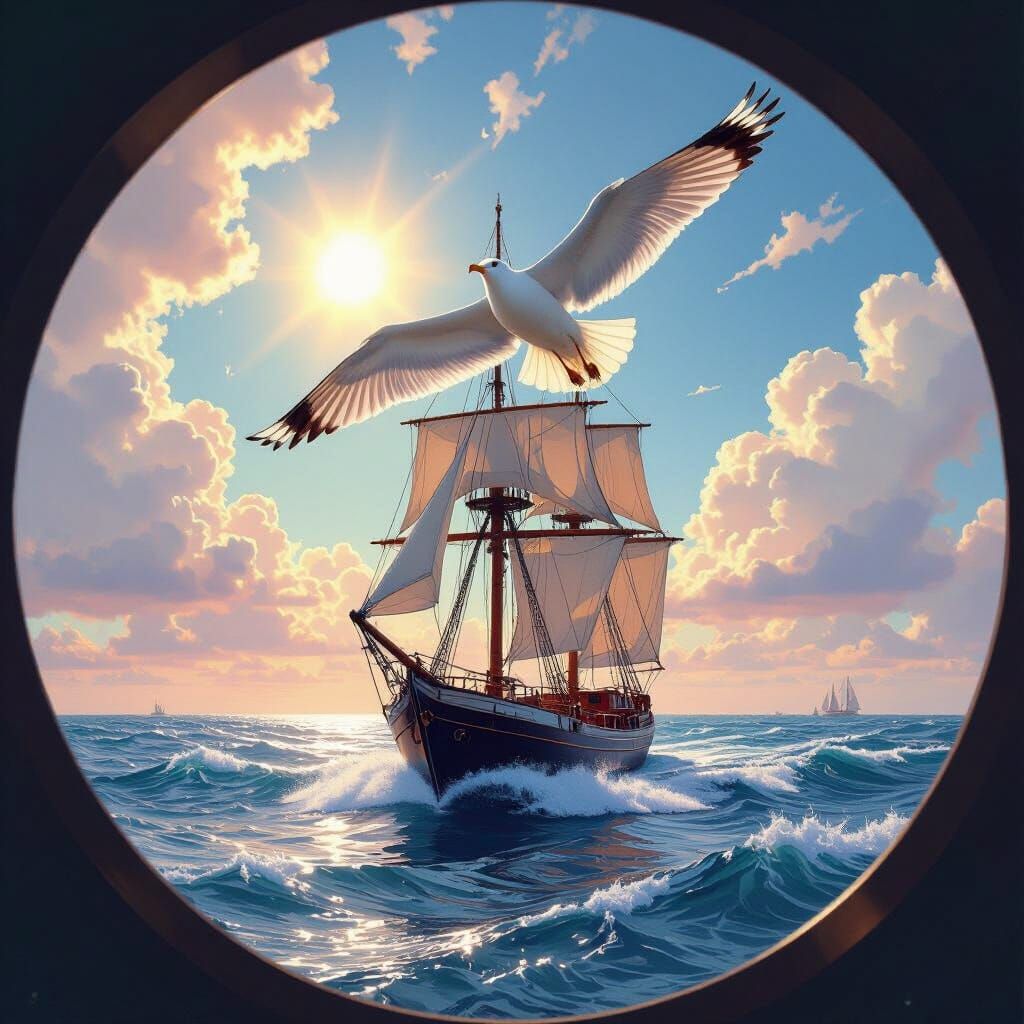 Seagull Soaring Over Schooner in Futuristic Style