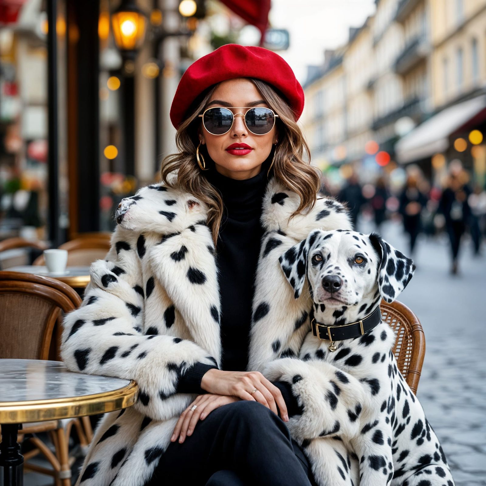 Woman in Dalmatian Coat with Dog at Cafe