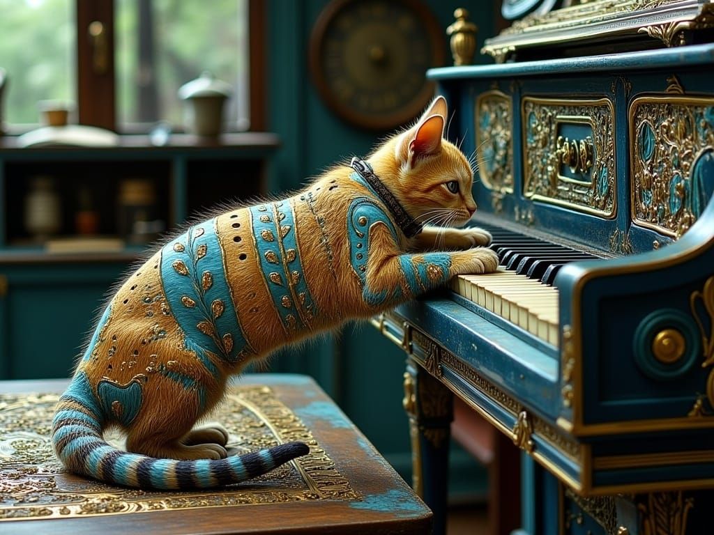 Surreal Cat Pianist in Colorful Fingerpunk Style