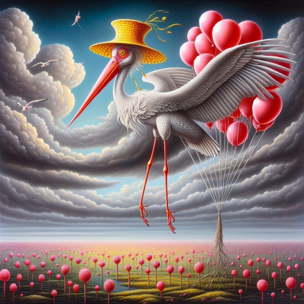Surreal Stork Creature Ascends with Balloons