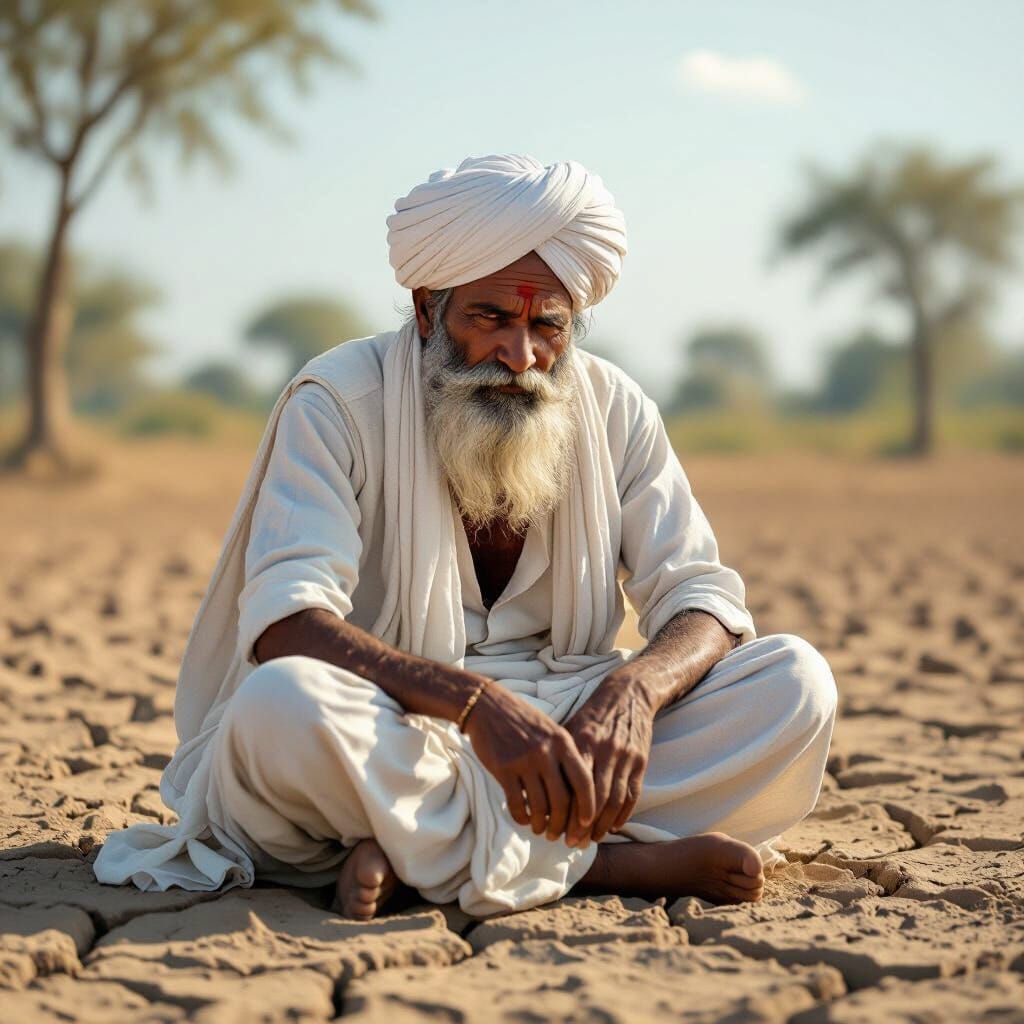 Desperate Elderly Farmer on Cracked Land in 3D