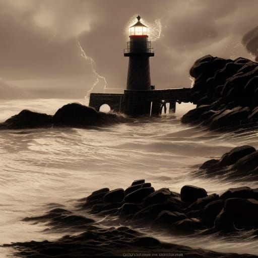 Coastal Lighthouse on Lovecraft Beach, Dark Fantasy Art
