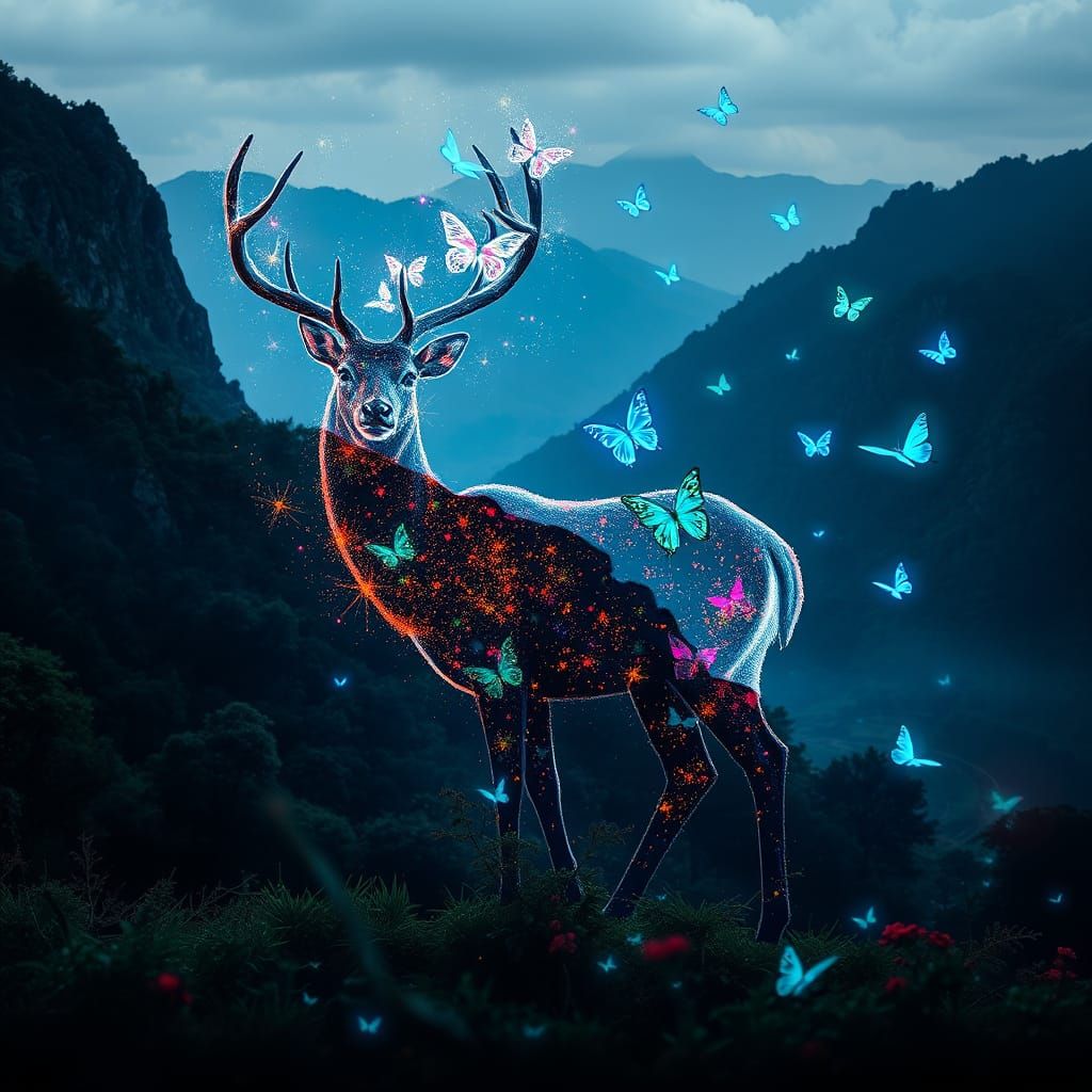 Stardust Deer with Bioluminescent Butterflies