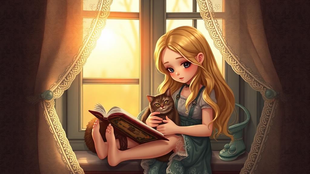 Girl Reading with Cat in Sunlight