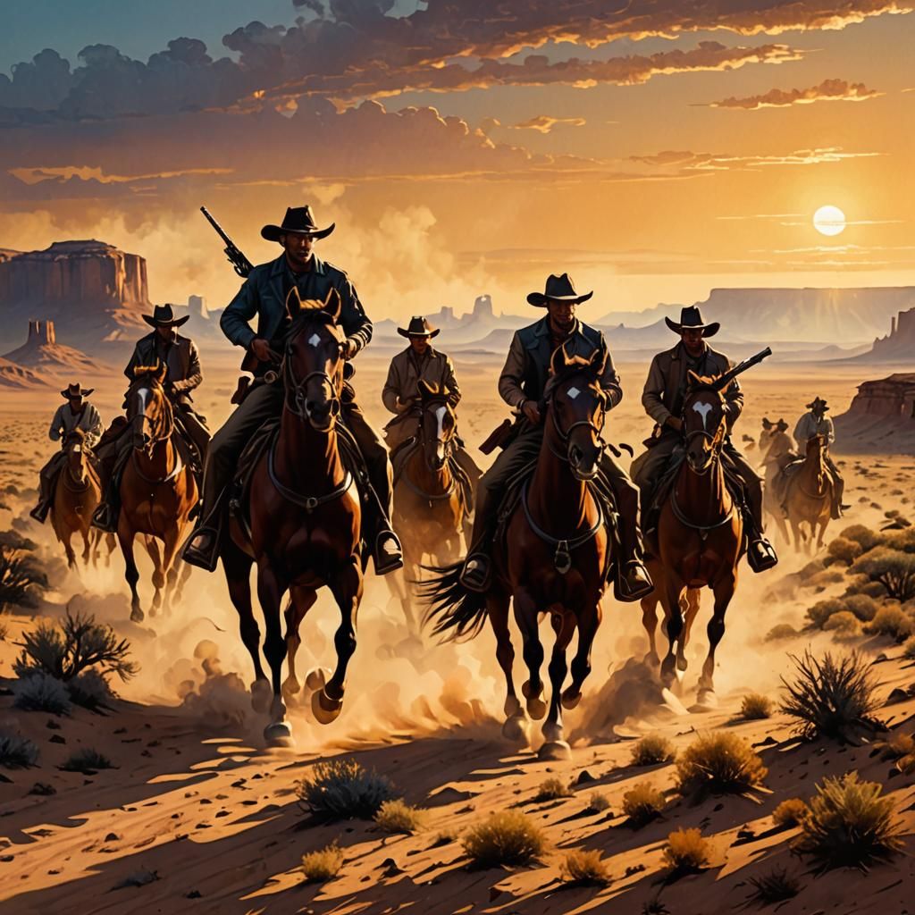 Cybernetic Cowboys Galloping at Sunset: Oil Painting