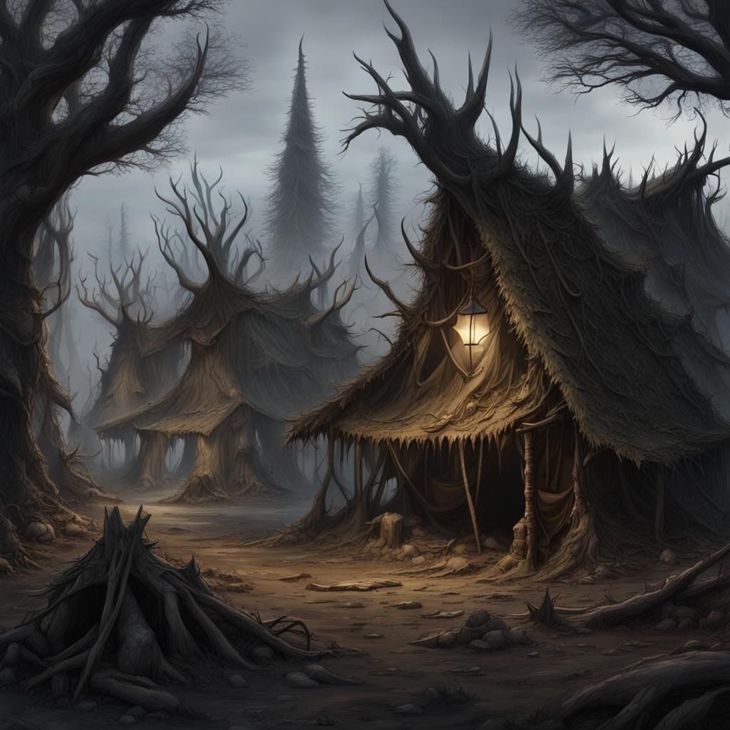 Dark Fantasy Orc Encampment in Dangerous Forest