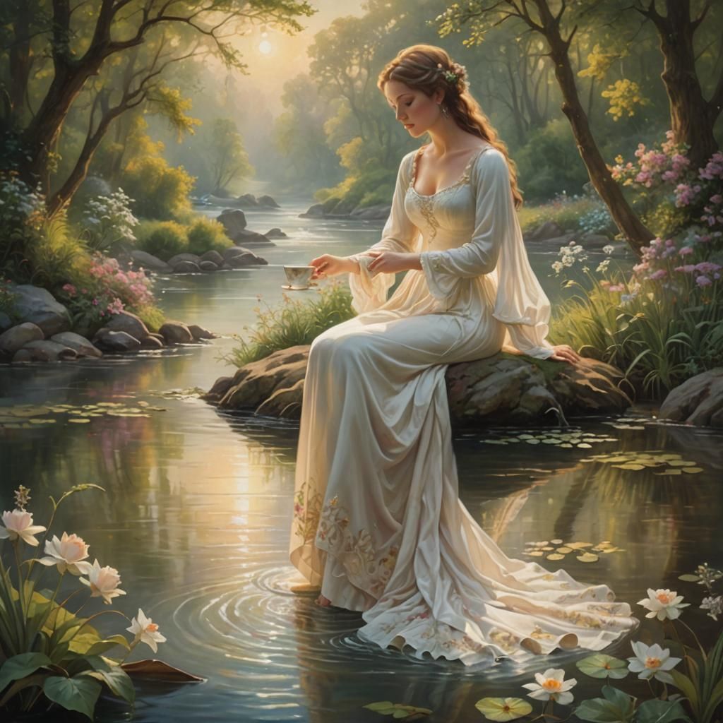 Woman Drinking Tea by River in Renaissance Style