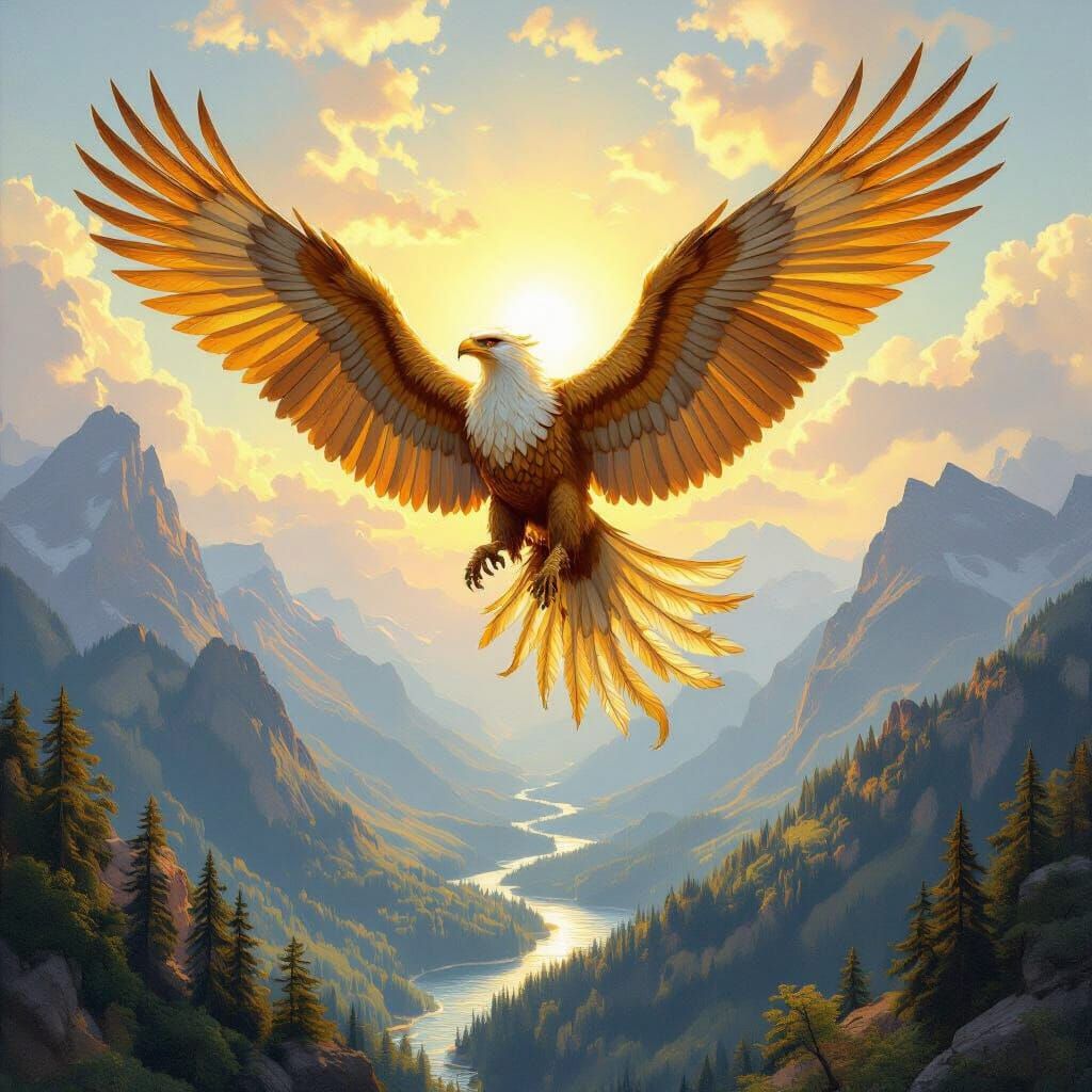 Griffin Soaring Over Mountain Landscape as Oil Painting