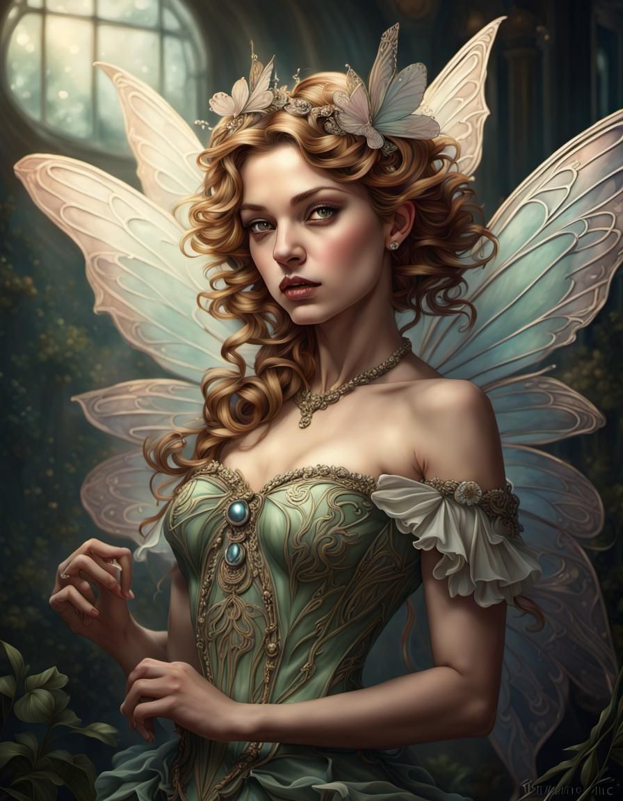Elegant Victorian Fairy in Art Nouveau Style