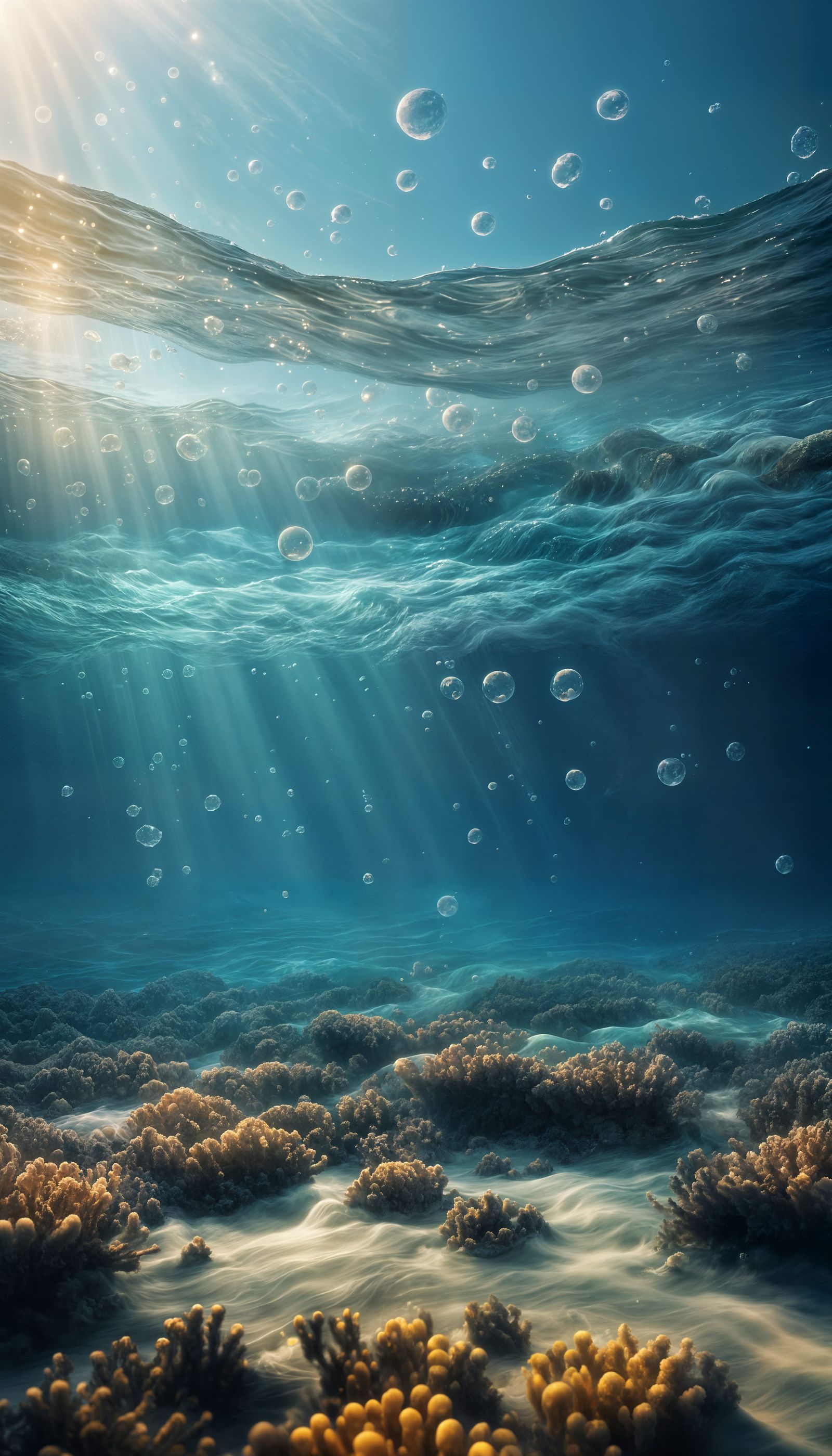 Surreal Ocean Cross-Section with Rising Bubbles