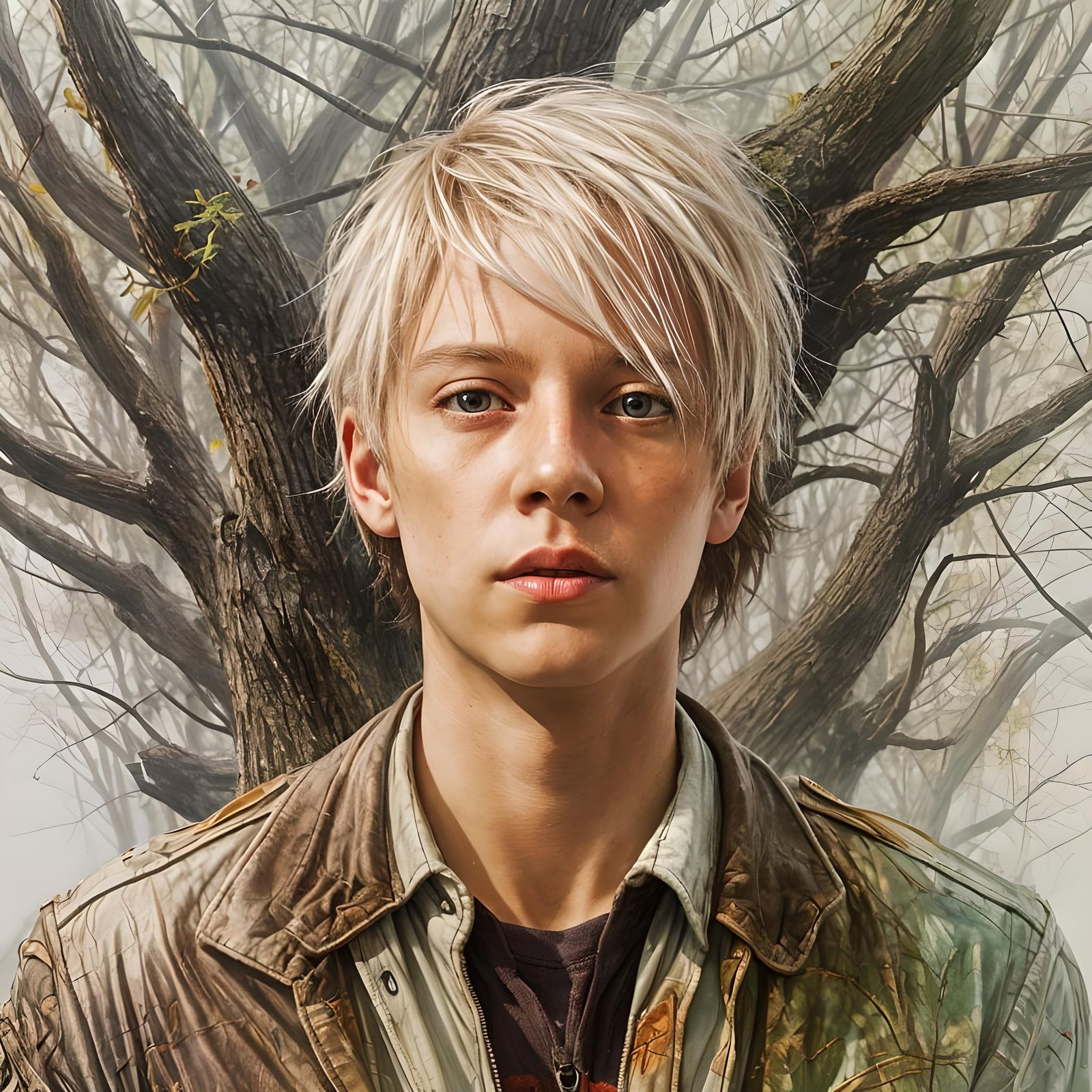 Albino Boy Lost in Woods: Hyperrealistic Concept Art