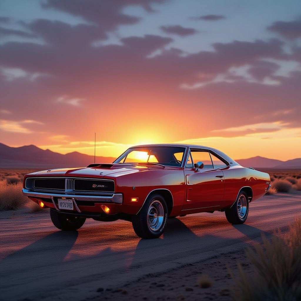 1969 Dodge Charger on Deserted Route 66 at Sunset