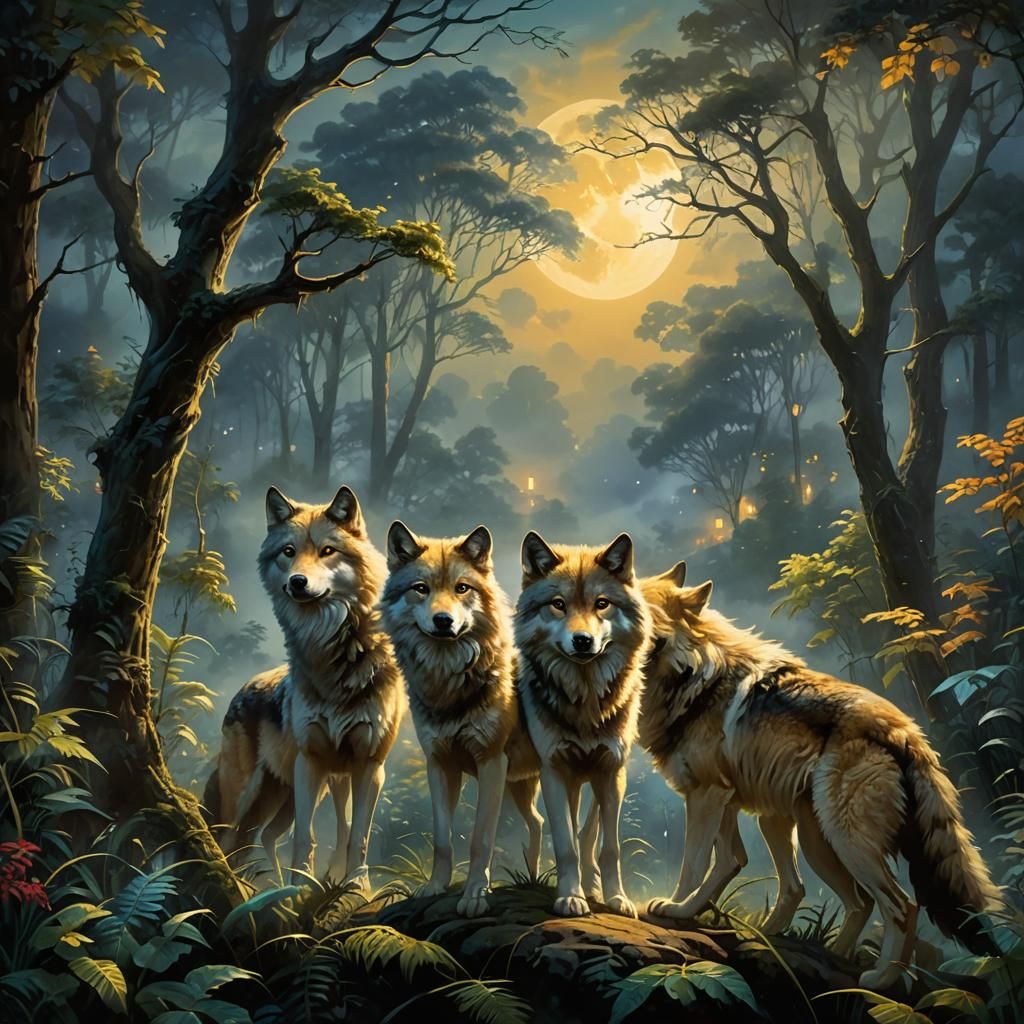 Wolves Hunting in Jungle Under Moonlight, Kinkade Style