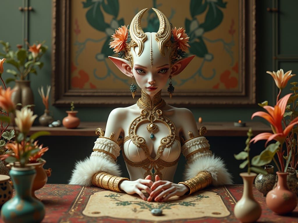 Alien Woman Portrait with Flowers in Hyper-Realistic Style