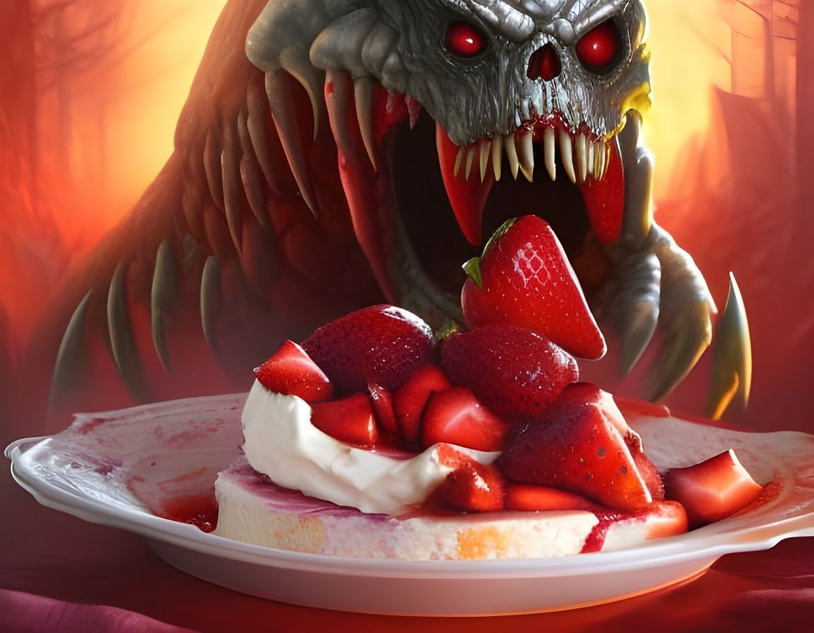 Devilish Monster Eating Strawberry Pie in Dark Fantasy