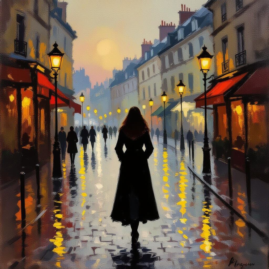 Woman on Rainy Street in Impressionist Style