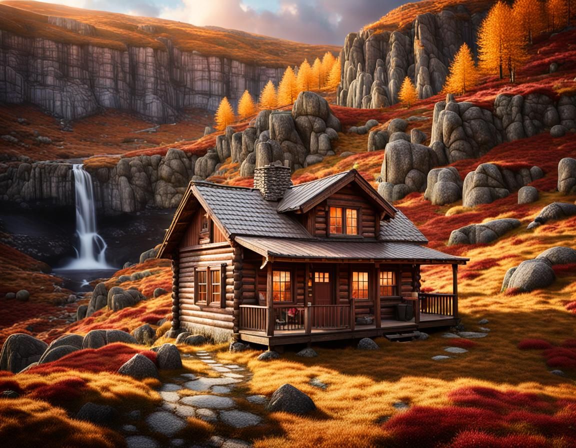 Rustic Cabin at Sunset: Photorealistic Landscape